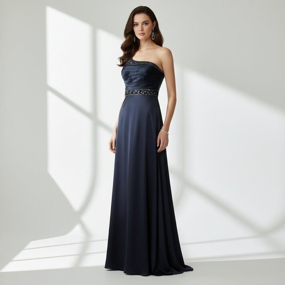 Adrianna Papell Minimalist One Shoulder Beaded Crepe‎ Mermaid Gown Navy Women 6
